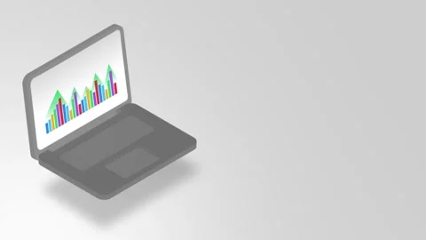 Isometric 3D Laptop Displaying Animated Financial Bar Chart Stock Footage 337880169