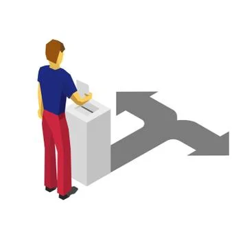 Isometric 3D man put paper in election box. Choice concept. Stock Illustration