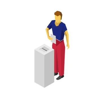 Isometric 3D man put voting paper in election box Stock Illustration