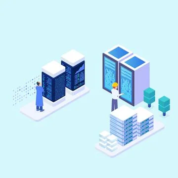 Isometric 3D Man Working in Data Center Stock Illustration