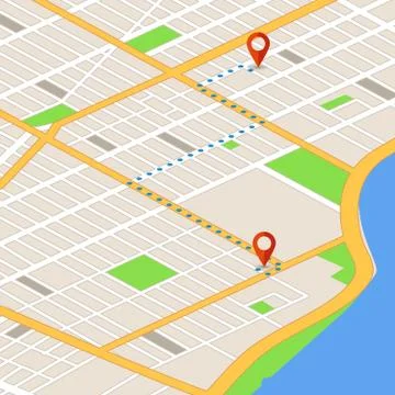Isometric 3d map with location pins. Gps navigation vector background Stock Illustration