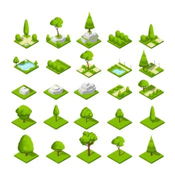 Isometric 3d nature elements. Forest and city park trees and plants. Vector map Stock Illustration
