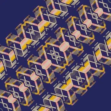 Isometric 3D Pattern with Tubes and Diamonds Indigo Background Memphis Style Stock Illustration
