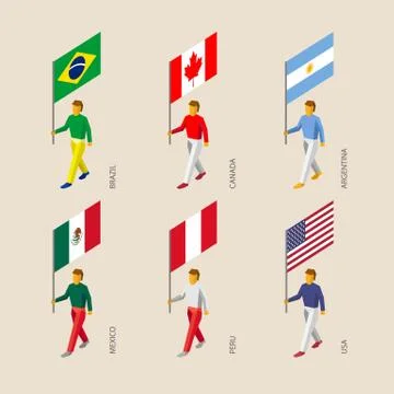 Isometric 3d people with flags. Canada, USA, Argentina, Peru, Brazil, Mexico 스톡 일러스트