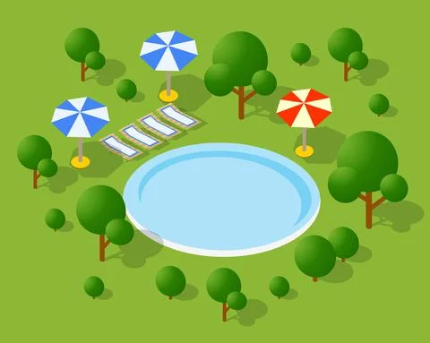 Isometric 3d pool and umbrellas of urban infrastructure vector Stockillustratie