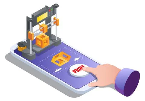 Isometric 3d printer building cube on mobile screen. 3D printing service for on Stock Illustration