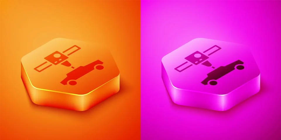 Isometric 3D printer car icon isolated on orange and pink background. 3d prin Stock Illustration