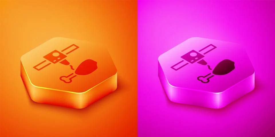Isometric 3D printer chicken leg icon isolated on orange and pink background. 3d Stock Illustration