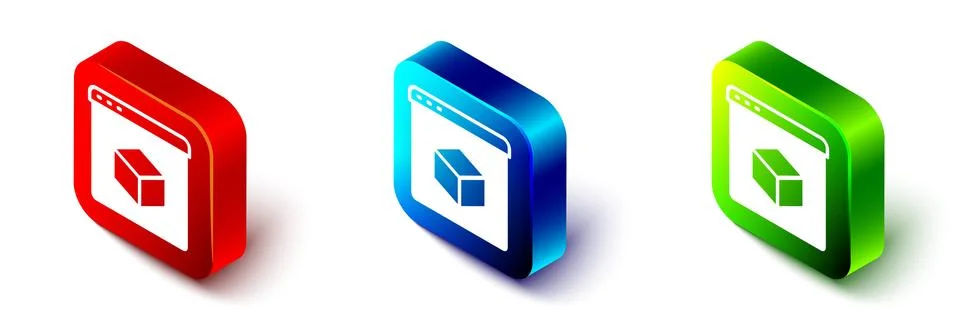 Isometric 3D printer icon isolated on white background. 3d printing. Red, blue Stock Illustration