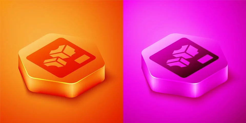 Isometric 3D printer icon isolated on orange and pink background. 3d printing Illustrazione stock
