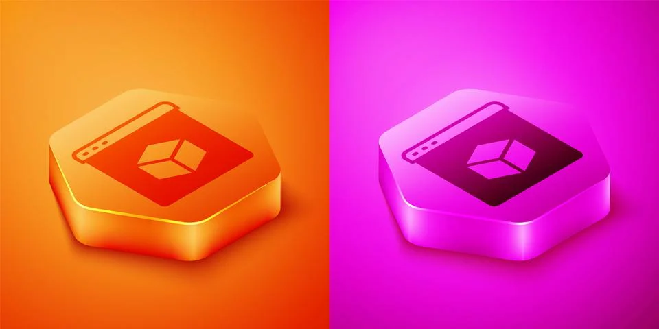 Isometric 3D printer icon isolated on orange and pink background. 3d printing Illustrazione stock
