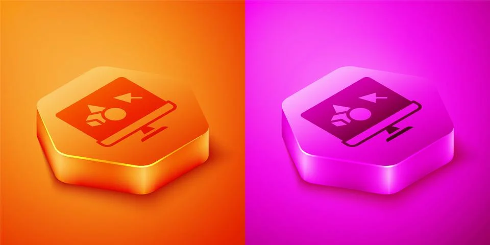 Isometric 3D printer software icon isolated on orange and pink background. 3d Illustrazione stock
