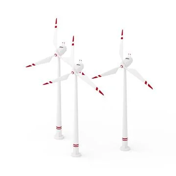 Isometric 3d render of group of wind turbines in white red colors Stock Illustration