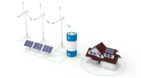 Isometric 3d render of network made of wind turbines, solar panels, battery and Stock Illustration