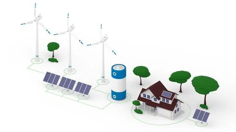 Isometric 3d render of network made of wind turbines, solar panels, battery and Stock Illustration