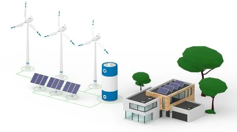 Isometric 3d render of network made of wind turbines, solar panels, battery and Stock Illustration