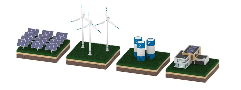 Isometric 3d render of network made of wind turbines, solar panels, battery and Stock Illustration