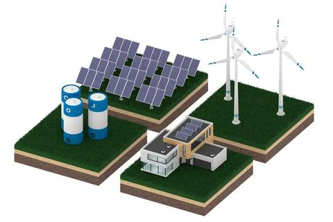 Isometric 3d render of network made of wind turbines, solar panels, battery and Stock Illustration