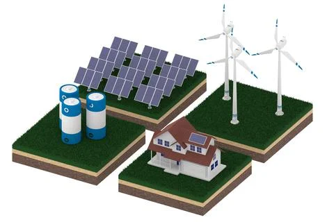 Isometric 3d render of network made of wind turbines, solar panels, battery and Stock Illustration