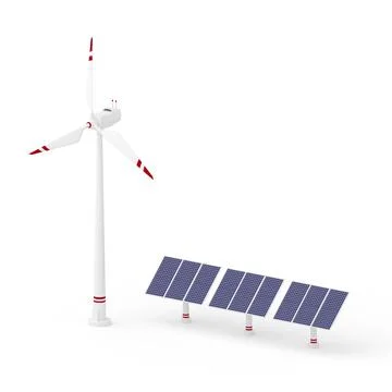 Isometric 3d render of wind turbine and solar panels in white red colors Stock Illustration