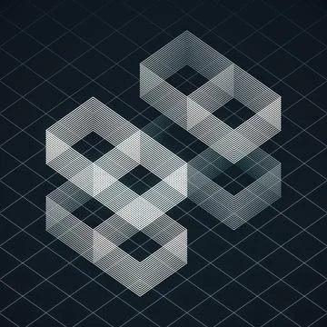 Isometric 3D rendering background with white line shapes on dark grid Illustrazione stock