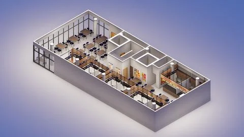Isometric 3d rendering interior design of a food hall Stock Illustration