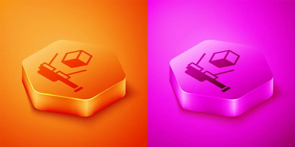 Isometric 3D scanner with cube projection icon isolated on orange and pink Illustrazione stock