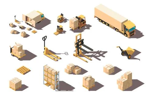 Isometric 3d set big and small shipment truck with forklift and box for delivery Stock Illustration
