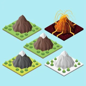 Isometric 3d set of mountains and volcano. Stock Illustration