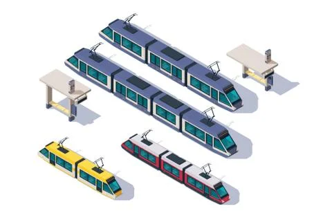 Isometric 3d set passenger tram with station elements. Stock Illustration