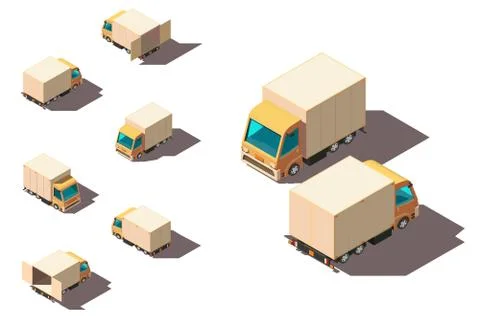 Isometric 3d set small shipment truck for delivery moving. Illustrazione stock