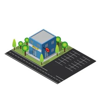 Isometric 3D shop, tree and car park on city. city landscape vector symbol co Stock Illustration