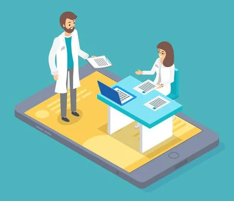 Isometric 3d smartphone, online communicating doctors, therapist or physician Stock Illustration