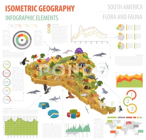 Isometric 3d South America flora and fauna map elements. Animals, birds and s Stock Illustration