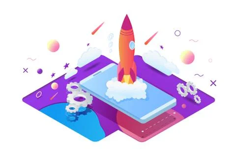 Isometric 3d start up project with rocket, gear wheel, smartphone, graphic Stock Illustration