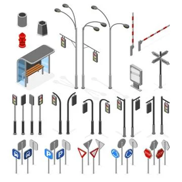 Isometric 3d street, road vector objects icons set Stock Illustration
