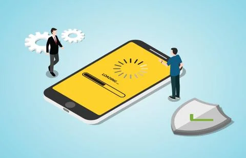 Isometric 3d system update concept process with smartphone apps in download p Stock Illustration