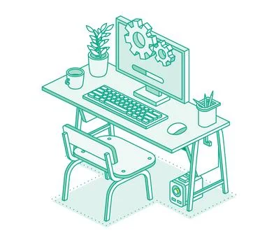 Isometric 3d technology workspace concept. Computer, monitor, plant in pot,.. Stock Illustration