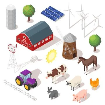 Isometric 3d vector farm set. Farm animals Stock Illustration