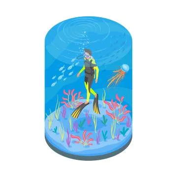 Isometric 3d vector illustration of diver with snorkelling equipment Stock Illustration