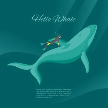 Isometric 3d vector illustration of diver and whale underwater Stock Illustration
