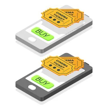 Isometric 3d vector illustration of online buy cinema tickets. Smartphone ico Stock Illustration