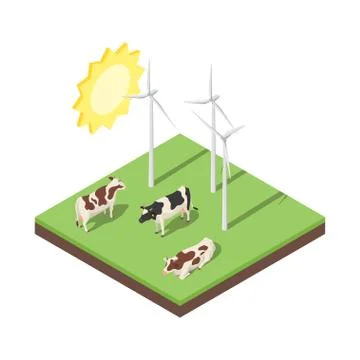 Isometric 3d vector illustration of windmill and cows. Stock Illustration