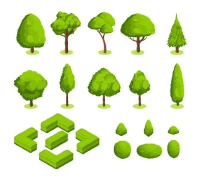 Isometric 3d vector park and garden trees and bushes. Green forest plants Ilustración de archivo