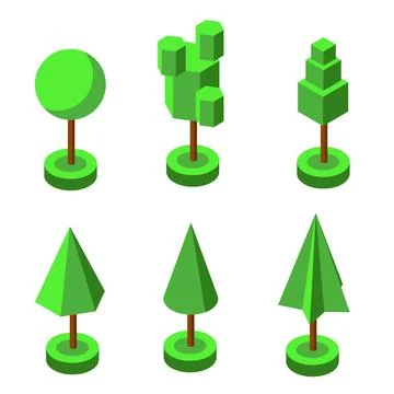 Isometric 3d vector park and garden trees and bushes. Green forest plants Ilustração Stock