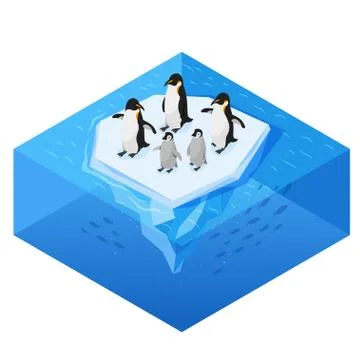 Isometric 3d vector realistic style illustration of penguins on the glacier Stock Illustration