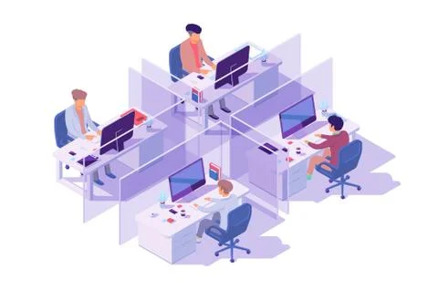 Isometric 3d workplace with four sections and businessman programmer at computer Stock Illustration