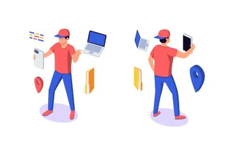 Isometric 3d young man character with gadgets around. Stock Illustration