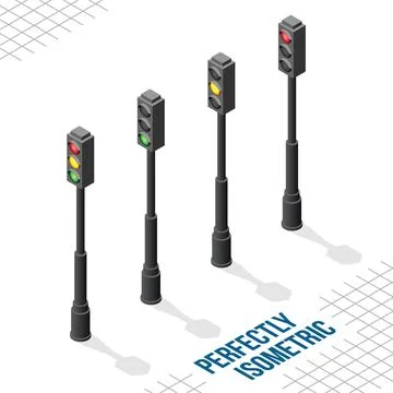 Isometric 4 Left Facing Traffic Light Posts Stock Illustration