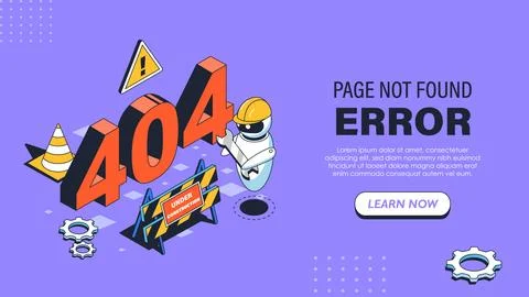 Isometric 404 error poster. Maintenance bot with barrier. Fail and disconnection Stock Illustration